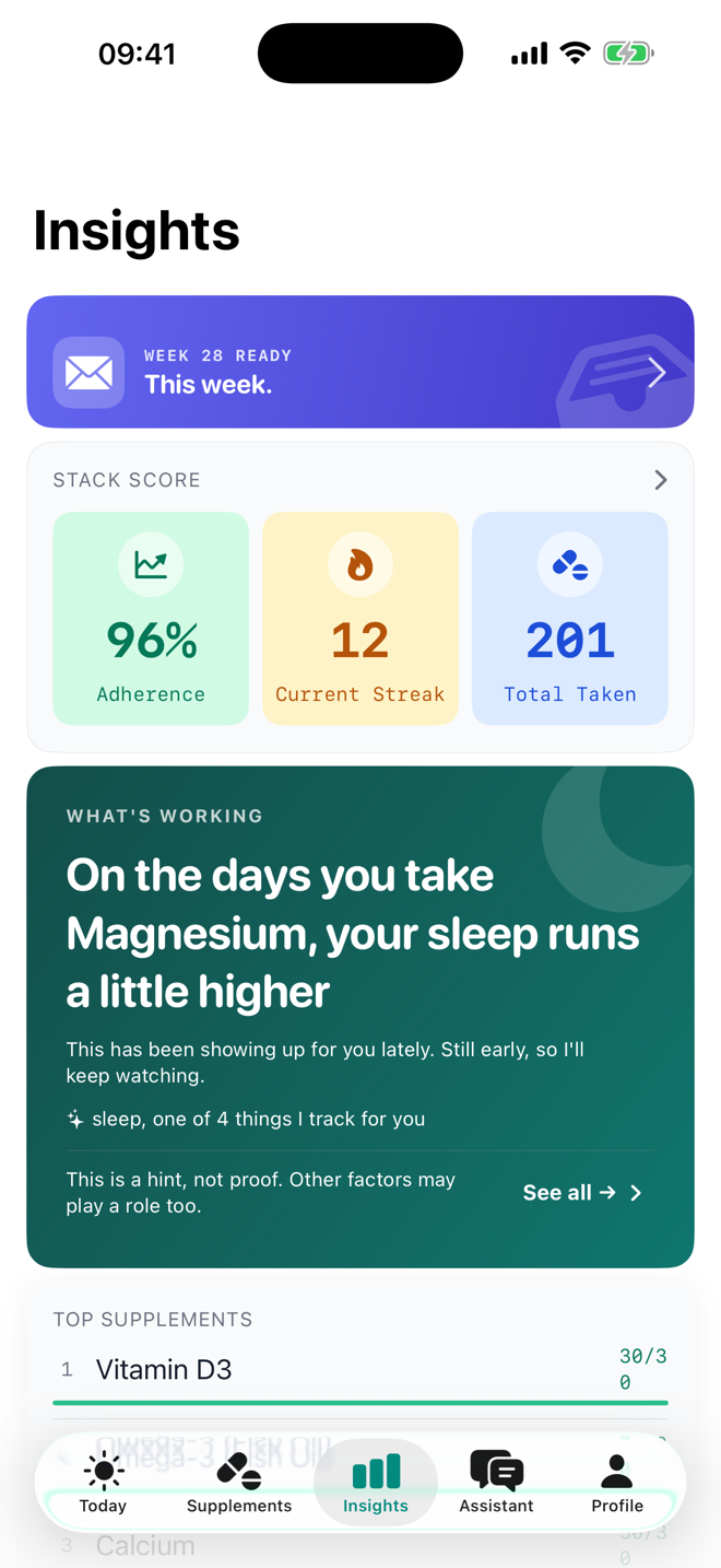 Capsula Insights screen showing a personal correlation